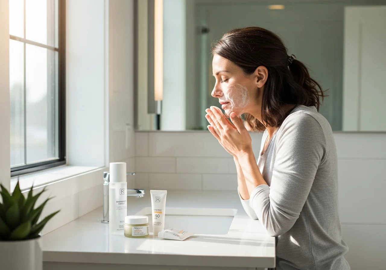 Woman cleansing her face in the morning with toner, moisturizer, and sunscreen on the counter.
