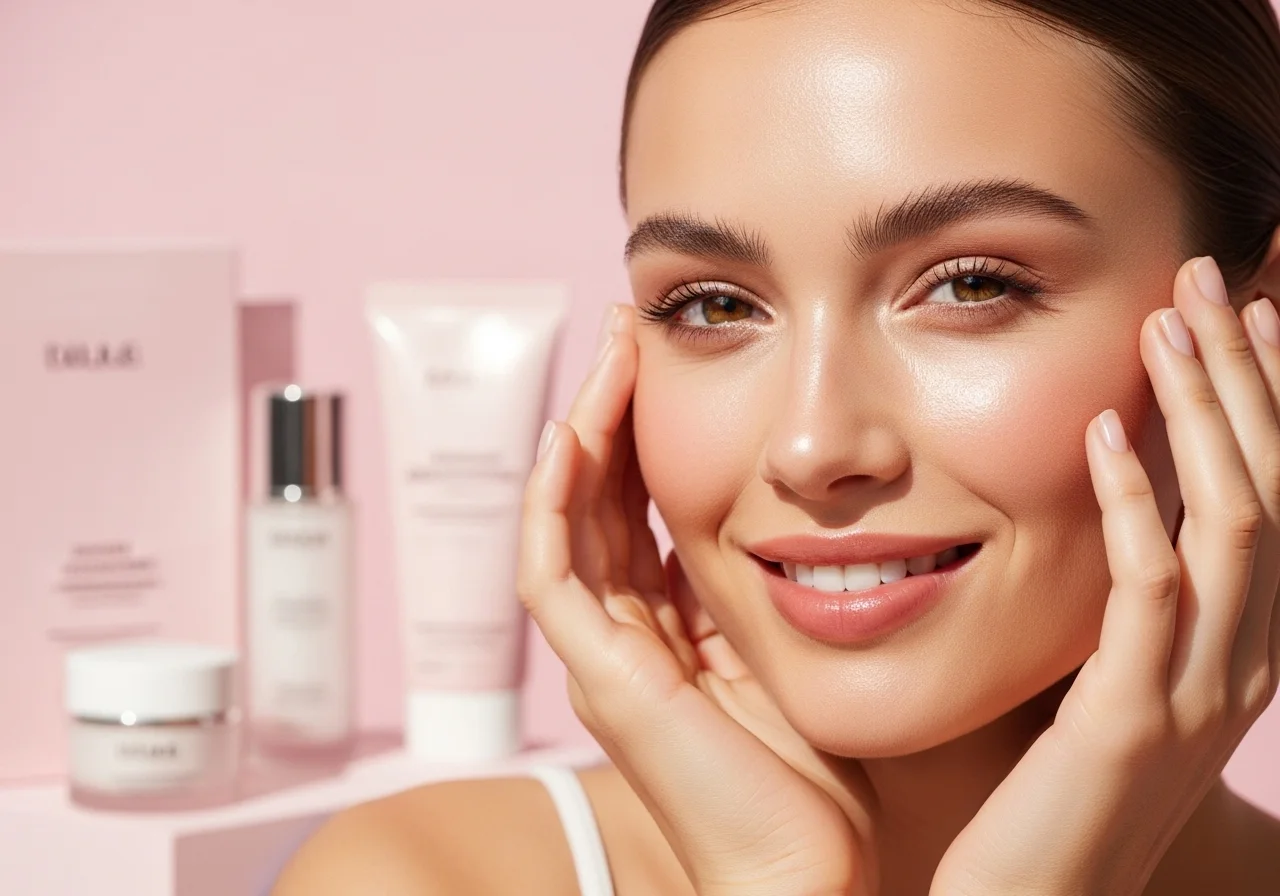 Woman with radiant and glowing skin, gently touching her face, illustrating the results of a consistent and healthy skincare routine.