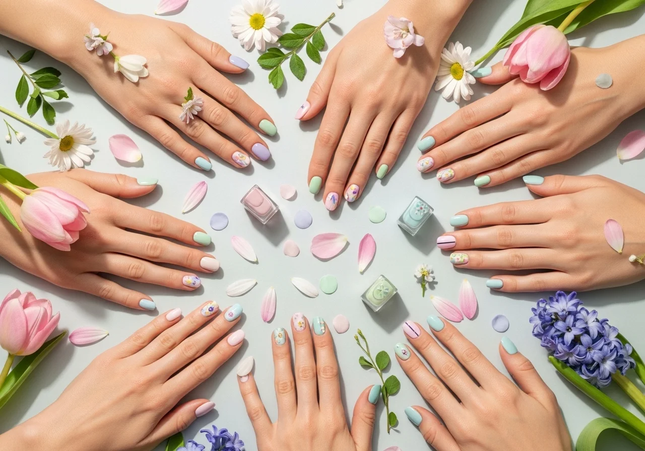Flatlay of 12+ hands with cute spring nail designs in pastel, floral, and minimalist styles, surrounded by flowers and soft sunlight, perfect for a spring beauty article.
