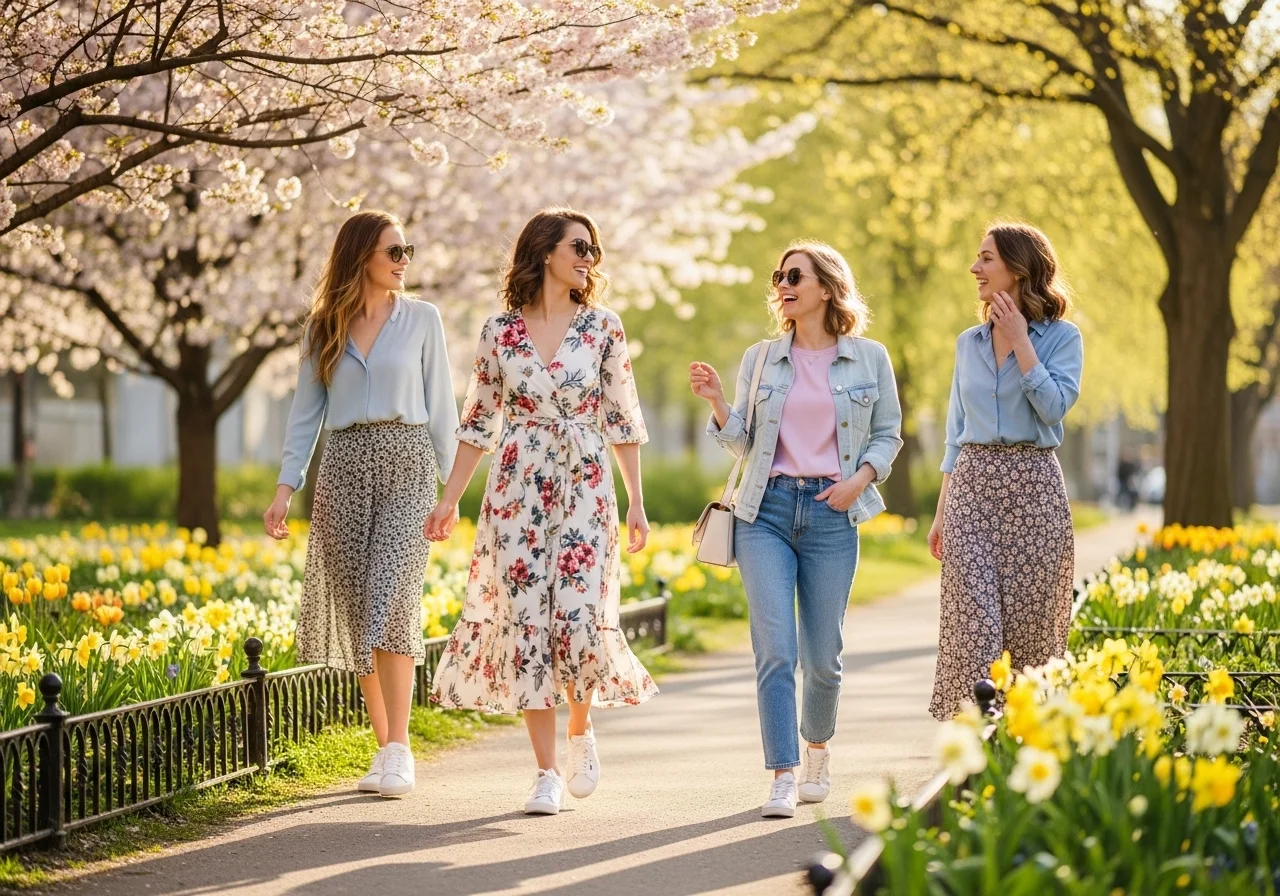 Women wearing casual and stylish spring outfits, including dresses, jackets, and jeans, enjoying a sunny day outdoors among flowers and greenery.