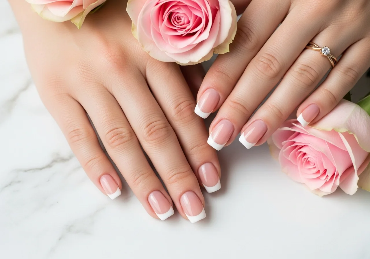 French nails timeless manicure with white tips on natural pink base styled on marble with roses and a gold ring.