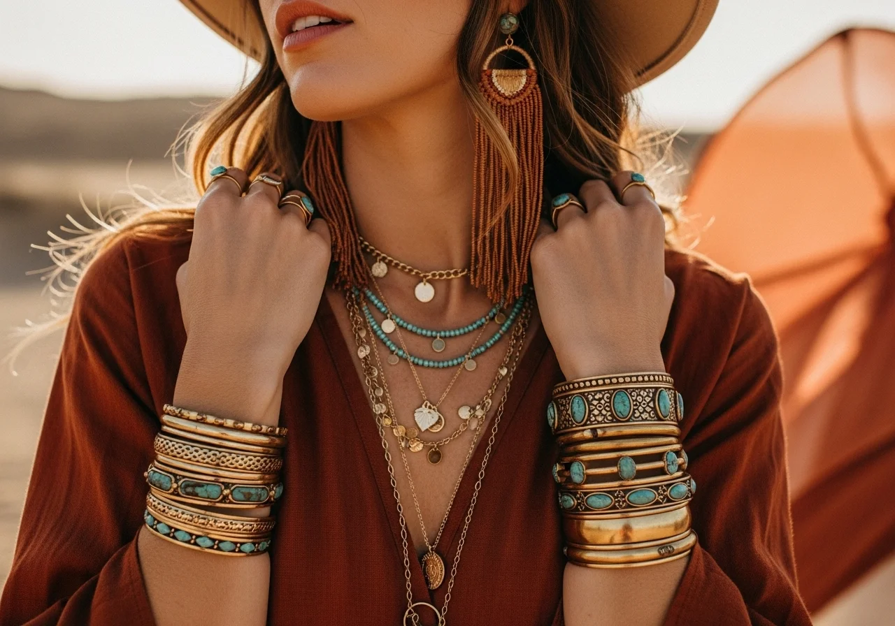 Boho accessories including layered jewelry and wide-brim hat for a complete boho look.