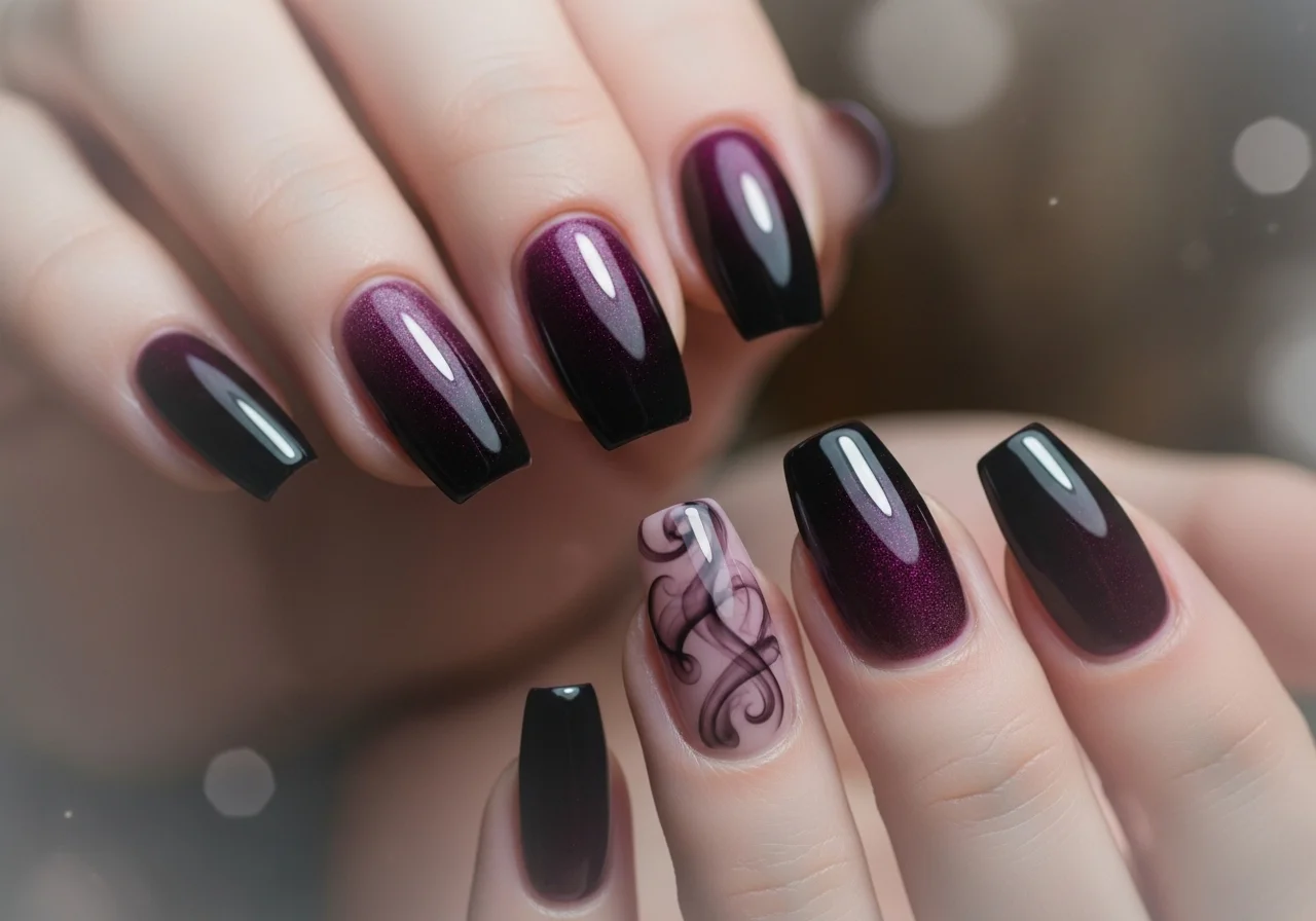 Luxurious smokey plum manicure captured in soft-focus with a dreamy, elegant aesthetic.