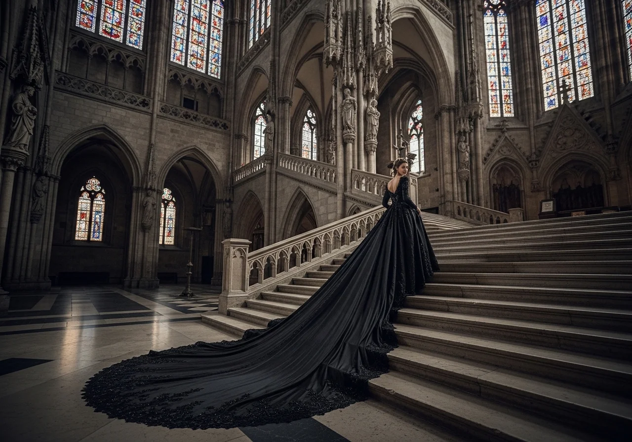 A dramatic black wedding dress with a long flowing train cascading down cathedral stairs, creating a bold and elegant gothic bridal look.