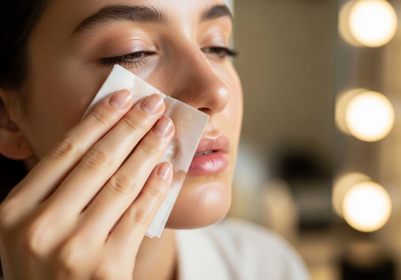 Close-up beauty makeup look for oily skin with smooth matte finish, natural soft lighting, flawless complexion, minimal aesthetic beauty style, fresh long-lasting makeup base