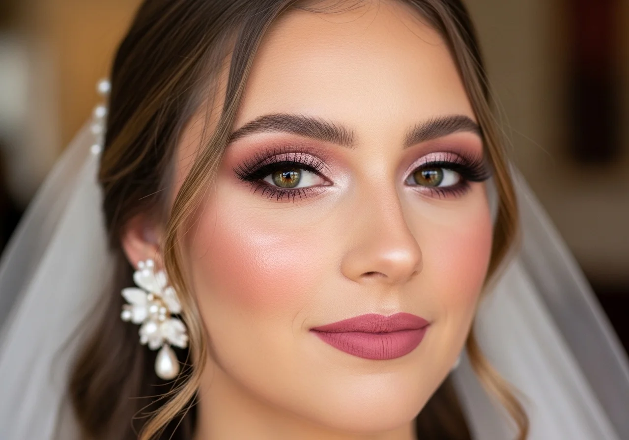 Romantic wedding bridal makeup with soft blush and glowing skin