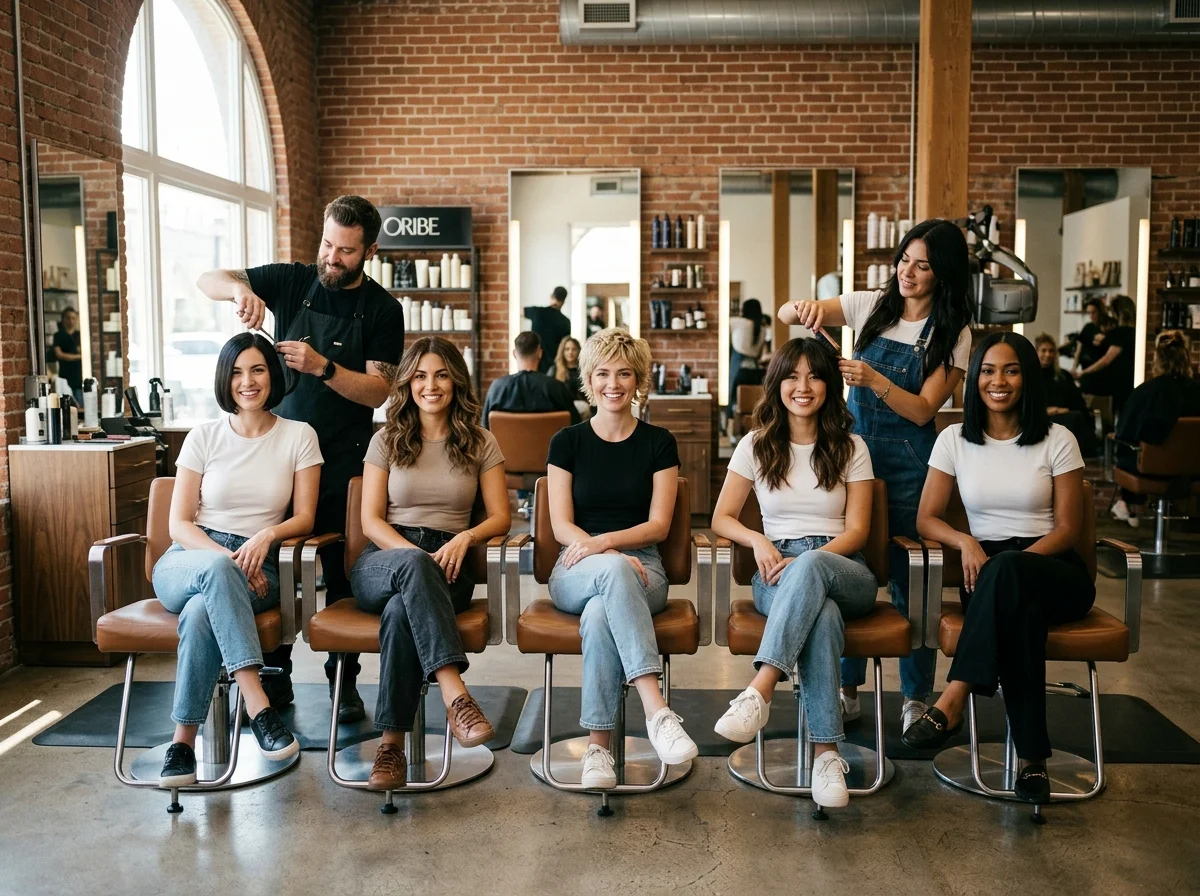 "Diverse group of smiling women showcasing 10 trending haircuts for 2026 in a modern, naturally lit professional salon."