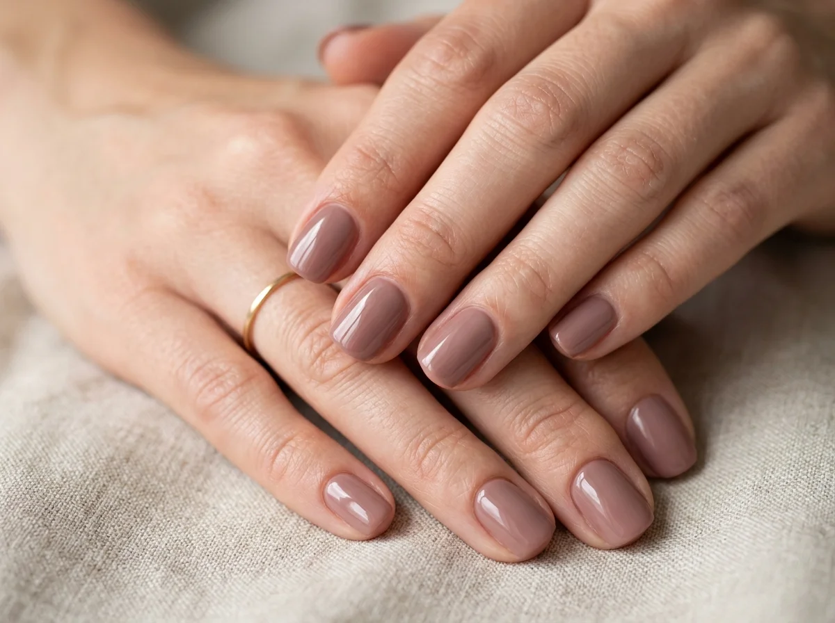 Glossy mauve taupe nude polish on short natural nails showing simple nail designs.