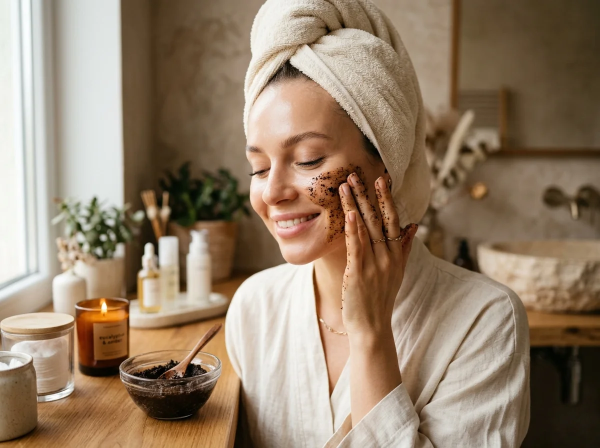Beautiful woman applying coffee scrub for glowing radiant skin.
