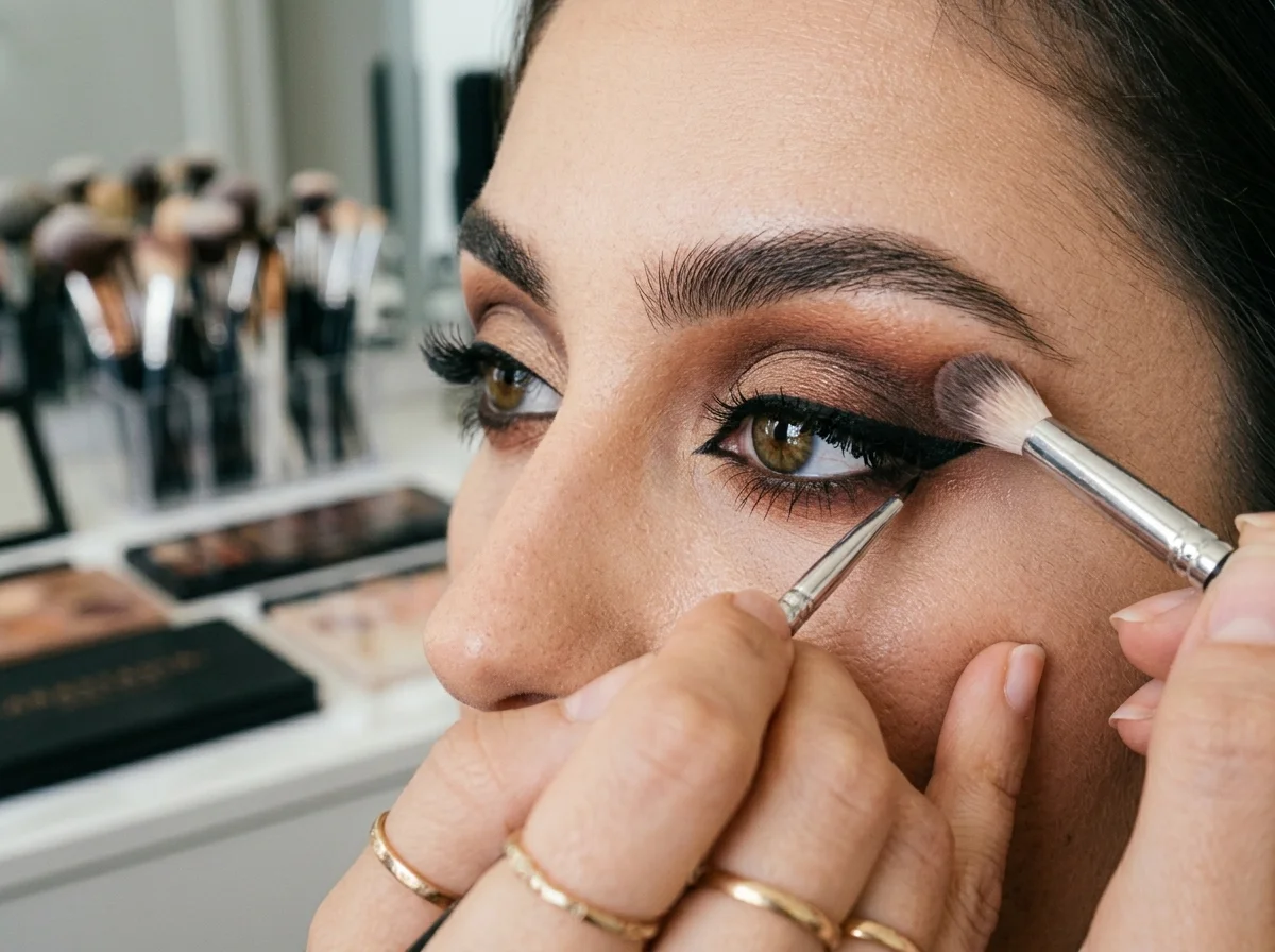 Realistic photographic demonstration of soft blending eye makeup techniques, transitioning from nude shades to a soft everyday eye look