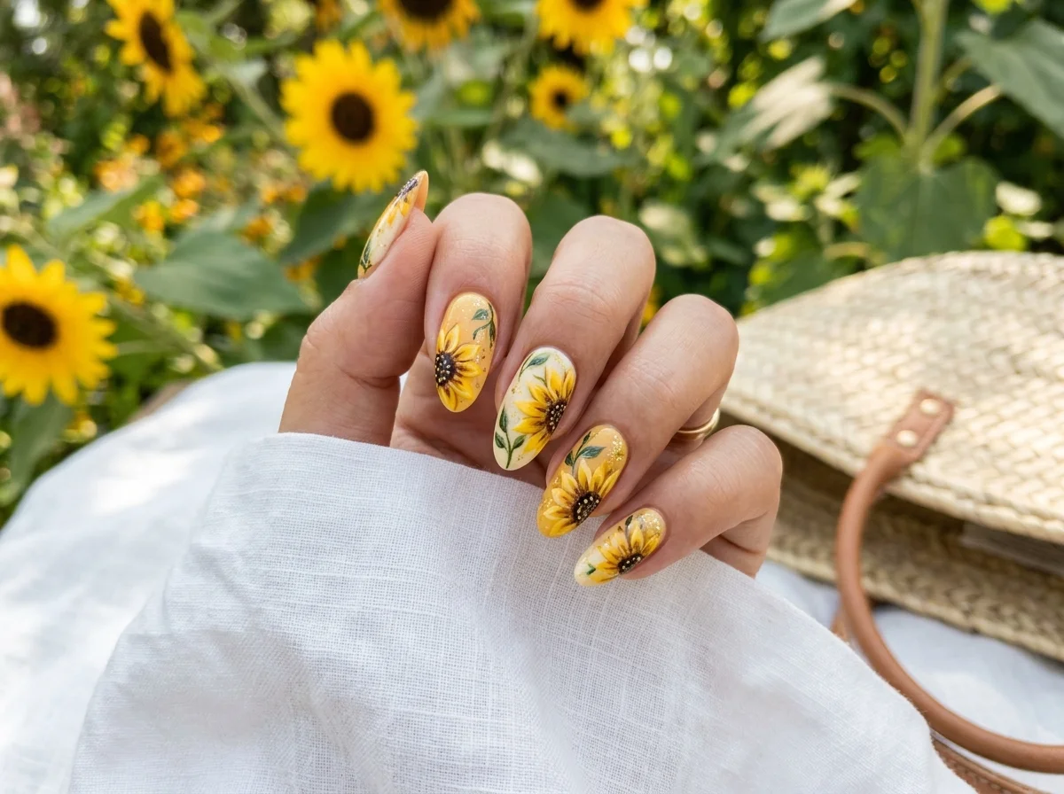 Decent minimalist sunflower nail designs with nude polish and gold accents.